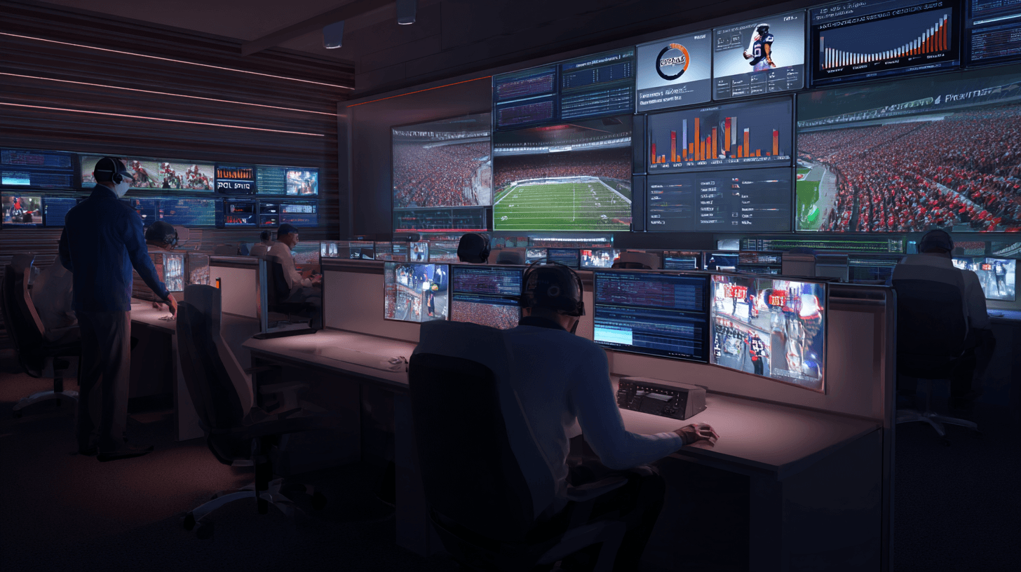 sports control room with staff monitoring live sports broadcasts and analytics on multiple screens