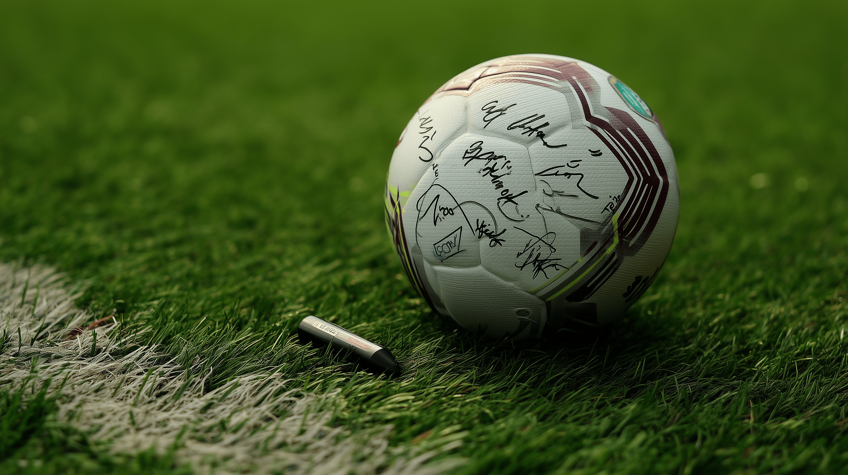 soccer ball covered in signatures resting on grass next to a marker