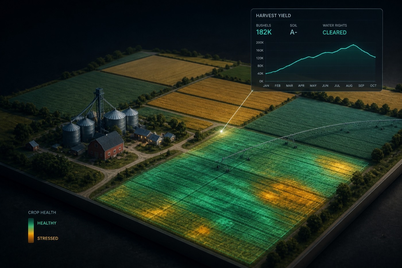 Farmland with harvest yield and crop health prepared for registration